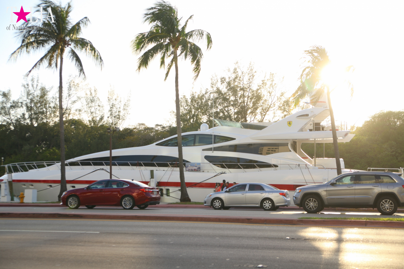 Yachts, Palms, Bay - The promenade of Middle Miami Beach, Collins Avenue